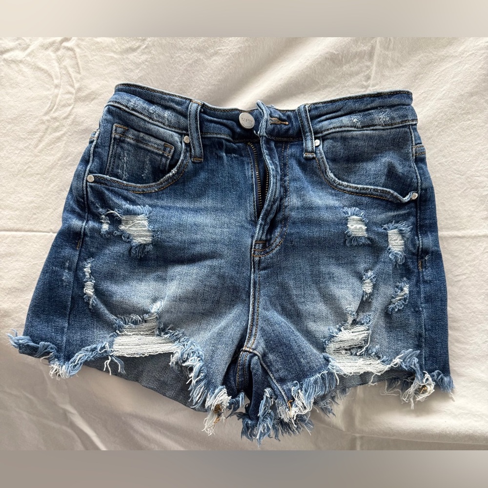 Risen Women's Frayed Hem & Distressed Blue Jean Shorts Style#RDS6032